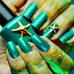 Teal nails with golden starfish minimal design