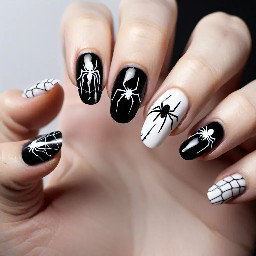 Design an image of oval shaped nails, 1 hand should have a black background with a white ghost on the middle finger and on the pointer finger should be a black background with a white spider web. The remainder should be sparkly black. On the other hand, the pointer finger should be white with a black drip from the nail bed towards the tip. The middle finger should have a white background with a cat, where just the eyes and ears are on the tip of the nail. The remainder should be sparkly black.