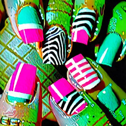 So I want my pink finger to have that French tip zebra design and then my rank finger to have like white like a pink bass coat, white stripes and then three 3-D shapes circles that are teal and then I want my middle finger to have a teal French tip and then I want my pointer finger to have a white French tip with black polkadots and then my thumb to have black French tip with white dots in the base code for all of these is pink, and the shape is stiletto