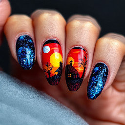 Star Wars binary sunset with hut and moons on almond shaped nails