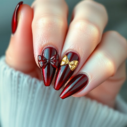 sharper shape with like a dark brown red color with a simple design that's easy for beginners some 3d builder gel art with gold chrome maybe a cute new gen bow