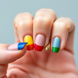 Make one a blue French tip one a yellow French tip one a red French tip and one a green French tip and a gold pinkie