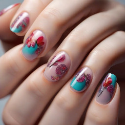 In style of macro photo, single hand, create nail art on fingernails based on: nails centered full view, sharp focus, true color, photoreal, 4k