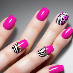 on the left hand medium size, 90's type of square french magenta nails with white leopard and zebra print. On the right hand the same design but oval shape and short. Possibly also rhinestones on the ring finger.
