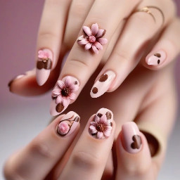 almond, polka dot brown pink 3d flowers on middle finger and thumb only ,short