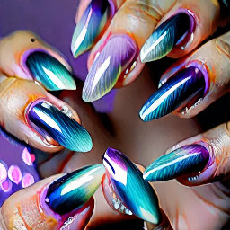 Short Ballerina Shinobu Kocho Cat Eye French Tip Nails — Elegant short ballerina-shaped nails inspired by Shinobu Kocho from Demon Slayer. Each nail features a mesmerizing magnetic cat-eye effect in an iridescent lavender-to-violet gradient with subtle hints of teal and pearl shimmer. Crisp white French tips are softly blended with delicate butterfly-wing accents outlined in black, echoing Shinobu's iconic haori pattern. Fine holographic glitter, tiny rhinestones, and subtle chrome details add a magical touch, while the overall look remains delicate, feminine, and sophisticated with a glossy salon-quality finish. The design captures Shinobu's graceful, ethereal aesthetic with a modern cat-eye French manicure.