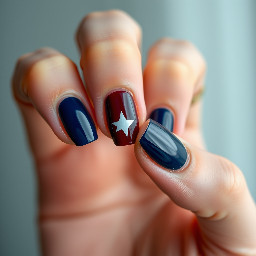 Navy blue nails with ring finger nail dark red with a white star