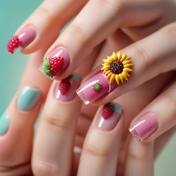 small raspberry on the middle finger, sunflower on the ring finger. light and breezy colours as the base and a couple french tips