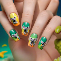 Generate an image of a nail design, all 10 nails, for an Australian trip inspo. Unify the nails with Australia's national colors of green and yellow in the background - ombre, standalone. Each nail should feature a distinctly Australian element - a koala, the clownfish, boomerang, coral (from the great barrier reef), etc. you can mix 3D elements and painted elements, but favor 3D where possible.