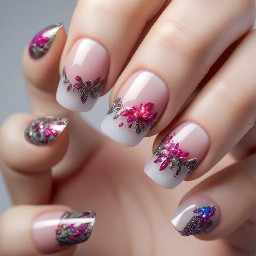 In style of macro photo, single hand, create nail art on fingernails based on: nails centered full view, sharp focus, true color, photoreal, 4k