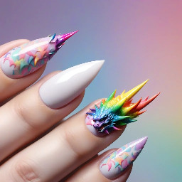 Stiletto Nail with design of pastel rainbow Chinese dragon with rainbow spikes