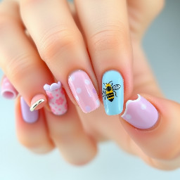 So I want my pinky finger on the left hand to be plain baby pink then I want the next finger to be a frilly French tip like the blue one above then I want the middle finger to be plain light purple then the index finger to be polka dotted with see through kinda skin tone base and pink polka dots and the thumb to be plain light blue. Then on on the right hand I want the thumb to be plain light purple then the index finger a light pink base with a honeybee like the one above with the flowers then I want the middle finger plain light blue and then I want the next finger I think it’s called ring finger I want that with a skin colour see through kinda base and blue polka dots then the pinky can be plain light pink