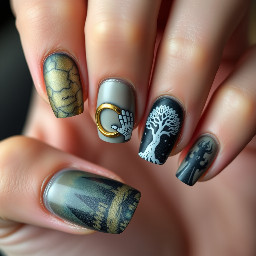 Can I have very simple lotr nails where the pinky fingernail has part of the map and the ring fingernail has the one ring and the middle fingernail has a hobbit door and the pointer fingernail has the white hand of Saruman and the thumb fingernail has the Gondor tree pls