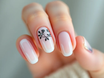 soft, oval shape with a milky white or light pink base. One nail features a black floral design with small gem. The other nails are a simple, clean, and classic solid color.