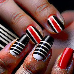 Black base, every nail (besides the middle one) have simple, white stripes. The middle one has only red spiral on the middle