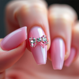 pink sparkly gem nail  with cute bow and is mid long