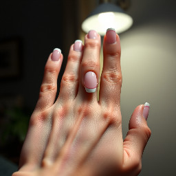 A realistic close-up of a hand in a dimly lit room with short almond-shaped French manicure nails. Natural skin texture, glossy finish, soft lighting, highly realistic, photorealistic.