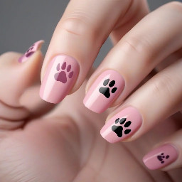 Short almond medium pink nails with dog paw prints