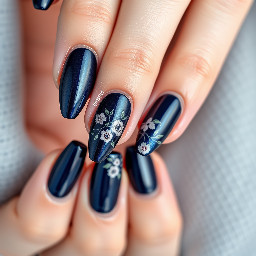 Dark blue chrome almond nails with some simple floral design