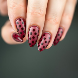 almond shape maroon nail with dark brown polka dots