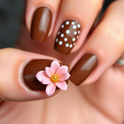 brown nails french tip polka dot poly gel 3d flower on one finger, gold beads