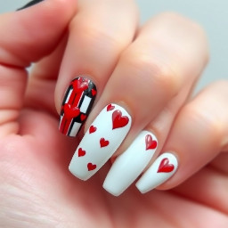 Pinky - black nail white lines red hearts  Ring finger - Black, white, and red Valentine / playing-card inspired nail art with glossy finish and heart accents Middle - black nail red and white hearts Pointer - same as pinky Thumb - white nail k in the top right corner heart in the bottom right