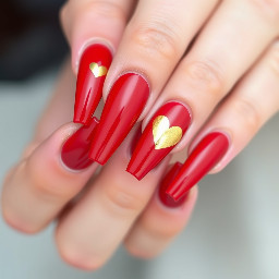 extra long red nails with gold heart shapes on them