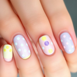 Almond shaped nails all with French tips and polka dots. All of the bases of the nail will be a light skin tone. The index finger has light pink polka dots and a pastel yellow French tip. The middle finger has a light blue French tip and pastel yellow polka dots. The ring finger has a light lavender purple polka dot on a light yellow French tip. The pinky finger is lavender purple French tip and light pink polka dots. No thumb color just natural