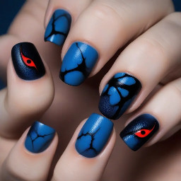 Diseño de uñas inspirado directamente en Kurt Wagner, Nightcrawler. La base combina azul intenso y negro, representando su piel y su estética característica. Algunas uñas llevan pequeñas marcas de humo o nubes azuladas, como referencia a la nube que aparece cuando Kurt se teletransporta.  En una de las uñas aparece una pequeña cruz roja, haciendo referencia a su fe y a la cruz que suele llevar Kurt. Otra puede tener una cola de demonio estilizada en azul, como detalle reconocible de su apariencia.  El diseño también incorpora pequeñas formas curvas y sombras que recuerdan al movimiento de su teletransportación y sus acrobacias, haciendo que las uñas tengan una sensación dinámica y juguetona. Todo se mantiene relativamente simple, pero cada detalle está pensado para representar a Nightcrawler y no ser solamente un diseño de colores.