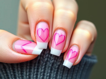 coffin nails with pretty pink hearts and french tip