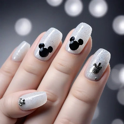 Clear milky white nails with clear fine silver glitter overlay on middle, ring, and thumb, two tiny black Mickey Mouse heads on ring finger