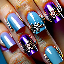 make a nail design using light blue/purple cateye polish with silver or gold accents with no nude colour with simple designs, maybe a few floral ones