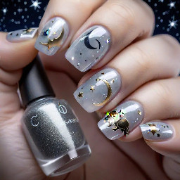 light silver cat eye base, with stars and moon and constellations as design inspo. short round nails. not too cluttered.