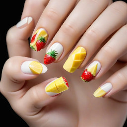 White nails with one fruit on each nail 1 strawberry nail 1 banana 1 lemon 1 mango 1 pineapple no repeated fruits