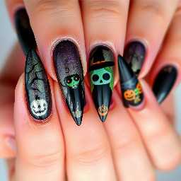 Create a spooky Halloween set that is witch themed on stiletto nails but very trendy