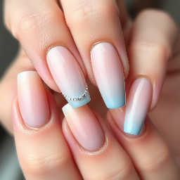 Long almond, blue to neutral ombre with silver circle around mid-edge of the nail