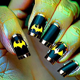 Create an image, Make me a nail design, square tips, medium length, with an O initial on the ring finger, and make it somewhat Batman theme but simple, black French tips with a gold trim at the base of the French tip