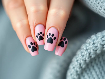 Short almond medium pink nails with dog paw prints