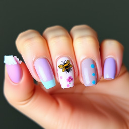 So I want my pinky finger on the left hand to be plain baby pink then I want the next finger to be a frilly French tip like the blue one above then I want the middle finger to be plain light purple then the index finger to be polka dotted with see through kinda skin tone base and pink polka dots and the thumb to be plain light blue. Then on on the right hand I want the thumb to be plain light purple then the index finger a light pink base with a honeybee like the one above with the flowers then I want the middle finger plain light blue and then I want the next finger I think it’s called ring finger I want that with a skin colour see through kinda base and blue polka dots then the pinky can be plain light pink