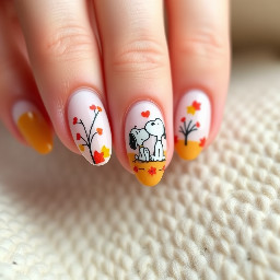 Please generate a Snoopy Autumn nail aesthetic. Simple but still cute and almond shapedPlease generate a Snoopy Autumn nail aesthetic. Simple but still cute and almond shaped