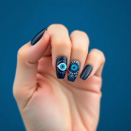 I want navy blue color minimal on all . Evil eye theme at least one of them has it. Add flowers of gel. Add details with silver lines or dots