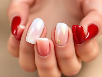 Create a realistic, high-resolution nail art reference featuring medium-length soft square nails with gently rounded corners. Use a minimalist, elegant color palette of vibrant ruby red, pearly white, and champagne gold.  All ten nails must feature a luminous aurora cat-eye gel effect, with multidimensional magnetic reflections, soft shifting light, and a glossy, glass-like finish. Balance the three colors harmoniously, using ruby red as the dominant color, pearly white for contrast, and champagne gold as a subtle metallic accent.  Add one tiny, delicate gold star on a pearly white nail. Keep the overall design clean, modern, and sophisticated, with no rhinestones, excessive glitter, 3D decorations, elaborate patterns, French tips, or chrome-only nails.  The red should be vivid ruby red, not burgundy or brown. The white should have a soft pearlescent glow, and the gold should be warm champagne gold rather than bright yellow.  Show a realistic close-up of both hands with all nails clearly visible, emphasizing the medium length, consistent soft square shape, and beautiful aurora cat-eye reflections. Use soft studio lighting, a neutral beige background, and professional salon photography. The final design should look elegant, wearable, and practical for a nail technician to recreate.