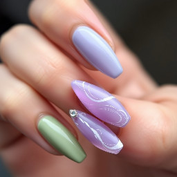 Sage green, lilac, silver, squoval shape, elegant white whisps and lilac airbrush