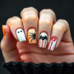 One nail ghost, one ombre candy corn colour, one spider, one bat and one blood drip