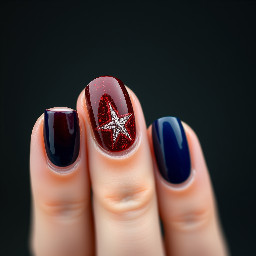 Navy blue nails with ring finger nail dark red with a sparkly star