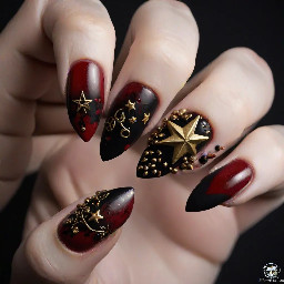 A dark soft gothic persephone inspired set, with main colors being blood red, black and gold accents. The nail art should include symbols like wheat, pomegranate grains, stars and the ouroboros snake. The shape of the nails is medium almond.