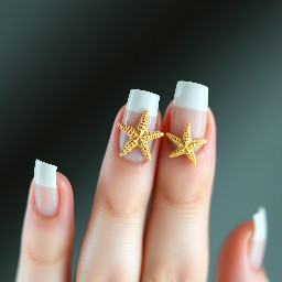 White French tips with starfish on the ring and pointer finger