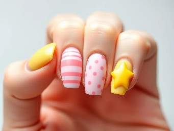 round/almond nails, middle finger blooming gel in a pastel yellow, ring finger pastel pink thin stripes, pinkie pastel pink small polka dots, pointer finger just a plain pastel pink and thumb a pastel yellow large star