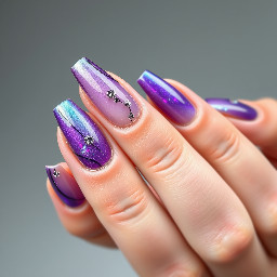 design some inspo nail art with the following tags: almond, oil spill, chrome line art, gemstones, rhinestones, purple magnetic gel, iridescent blue-purple gel