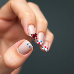 Almond nude nails with french tip basketball and red and blue solids bows and polka dots